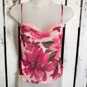 AVON Intimates Floral Mesh Camisole Top Size Small Pink Lace Trim Sheer Coquette